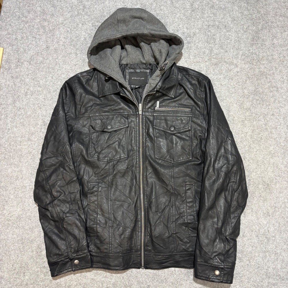 Structure Mens Faux Leather Hooded Jacket Black Distressed Size Large Full Zip